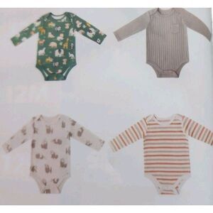 Member's Mark Baby Boys  Safari Long Sleeve Organic Cotton Bodysuits 4 Pack 12 M